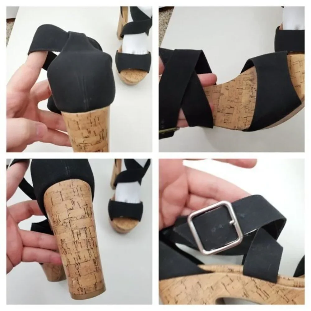 American Eagle Heels 10 Black Faux Cork Vegan Strappy Platform Tan Sandals